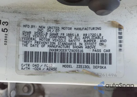 2007 Toyota Corolla S z USA, uszkodzony, nr VIN 1NXBR30E87Z905516